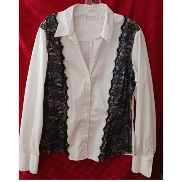 7th avenue Tops - Women's 7th Avenue Design Studio LS White Button-up Shirt Black Lace Accent Sz M